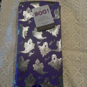 Set 2 FOIL PRINTED KITCHEN TOWEL 16X26" Purple Silver GHOSTS BOO Halloween NEW